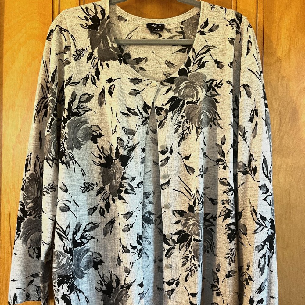 Gray Talbots w/ Black Flowers Cardi Size 2X